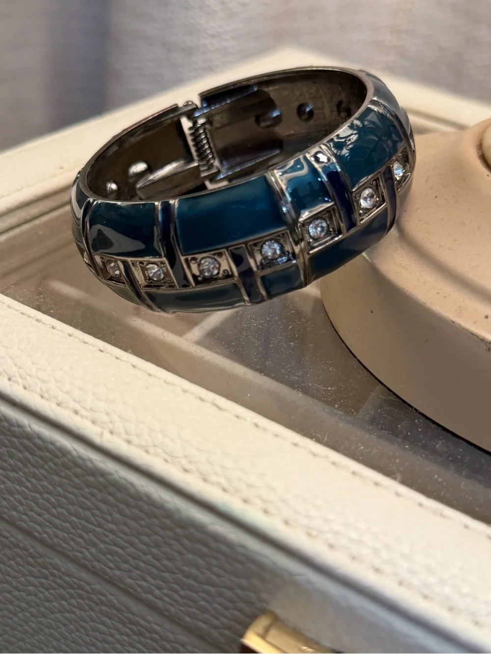 Dark Teal Enamel Hinged Bracelet with Crystal Accents